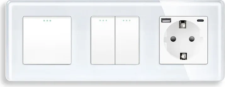 Вимикач універсальний 3-клавішний (1-2) з розеткою з USB A+C 20Вт, заземлення, ELIOS 16А 230 В, білий скло