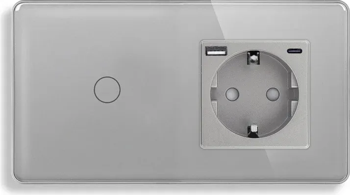 Сенсорний прохідний вимикач ELIOS з розеткою та USB A+C 20Вт, сірий, скло, із заземленням і шторками, 16А 230В