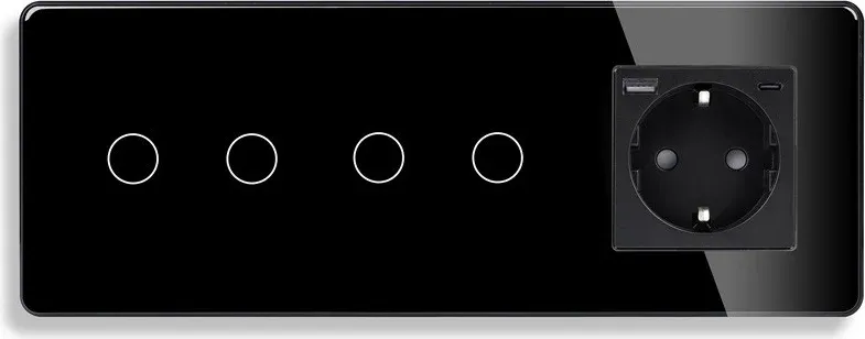 Сенсорний вимикач 4 сенсори (2-2) з розеткою з USB A+C 20Вт, із заземленням, шторки, ELIOS чорний скло