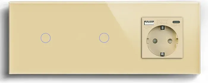 Прохідний сенсорний вимикач 2 сенсори (1-1) з розеткою з USB A+C 20Вт, заземлення, шторки, LUXION золото скло