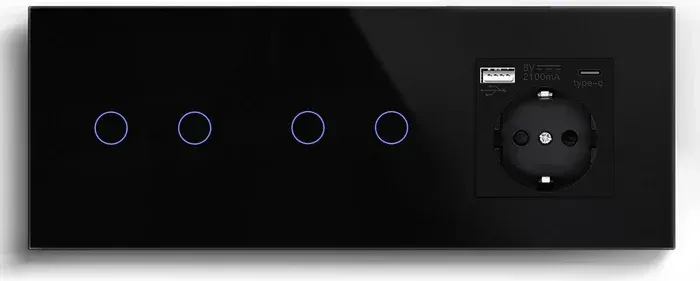 Прохідний сенсорний вимикач 4 сенсори (2-2) з розеткою з USB A+C 20Вт, заземлення, шторки, LUXION чорний скло
