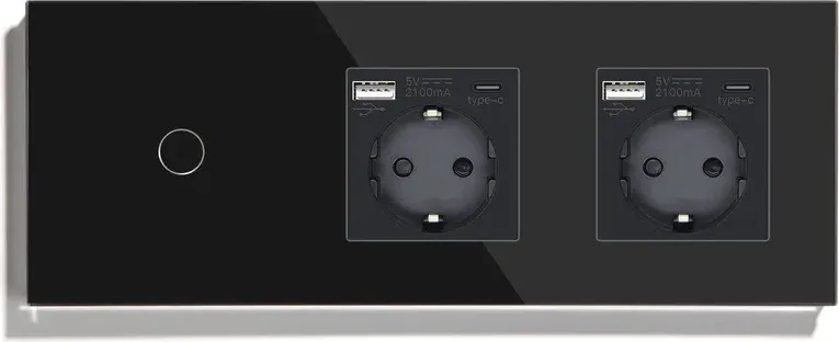 Прохідний сенсорний вимикач із двома розетками та USB A+C 20Вт, із заземленням і шторками LUXION чорний скло