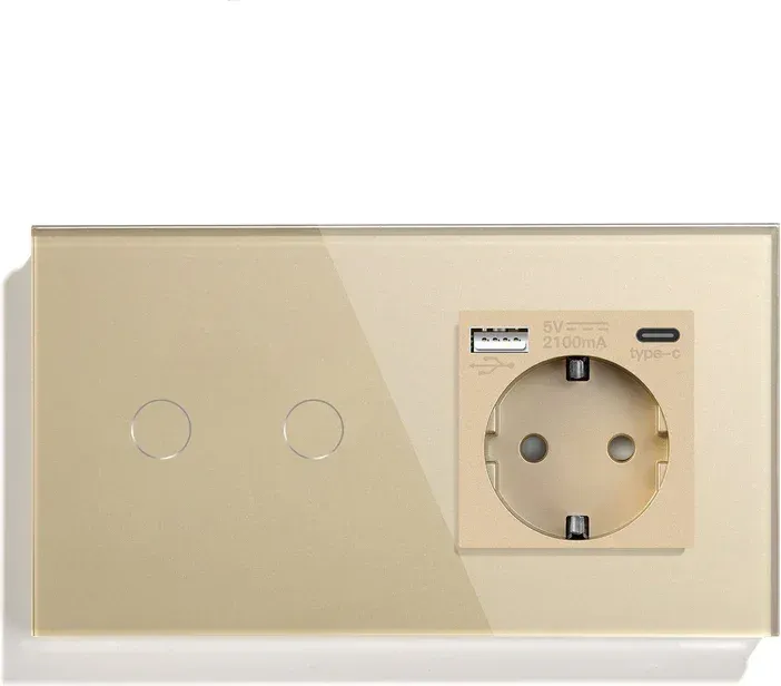 Сенсорний подвійний вимикач LUXION з USB A+C 20Вт золотий 16 А 230 В із заземленням шторки скло