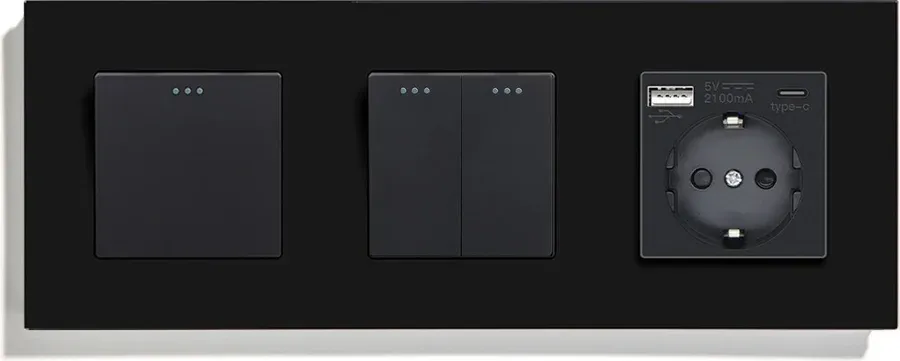 Вимикач універсальний 3-клавішний (1-2) з розеткою з USB A+C 20Вт, заземлення, LUXION 16А 230 В, чорний скло