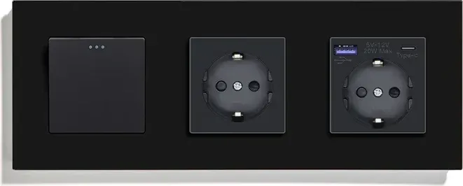 Вимикач універсальний з розеткою та розеткою з USB A+C 20Вт, заземлення, захисні шторки, LUXION чорний скло