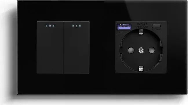 Універсальний подвійний вимикач (звичайний / прохідний) з розеткою USB A+C 20Вт, LUXION чорний скло