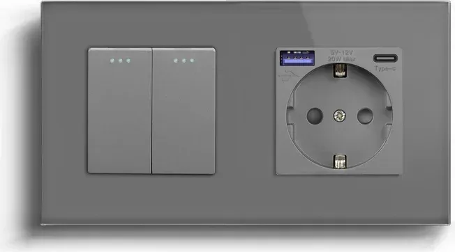 Універсальний подвійний вимикач (звичайний / прохідний) з розеткою USB A+C 20Вт, заземлення, LUXION сірий скло