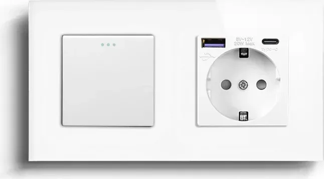 Універсальний вимикач (звичайний / прохідний) з розеткою з USB A+C 20Вт, заземлення, LUXION білий скло