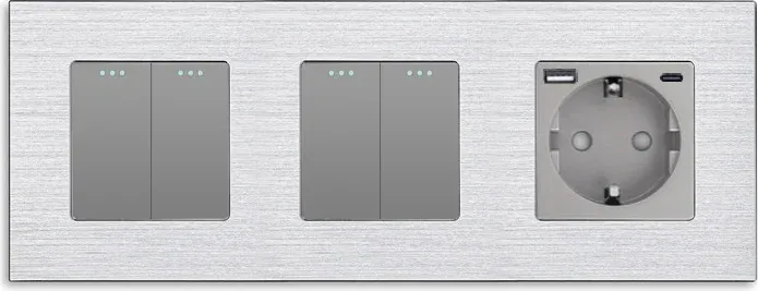 Перехресний вимикач 4-клавішний (2-2) з розеткою з USB A+C 20Вт, заземлення, WALLPAD 16А 230 В, сірий алюміній