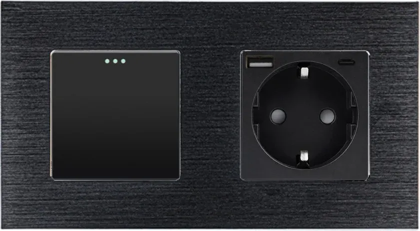 Перехресний вимикач WALLPAD з розеткою та USB A+C 20Вт, чорний, алюміній, із заземленням і захисними шторками