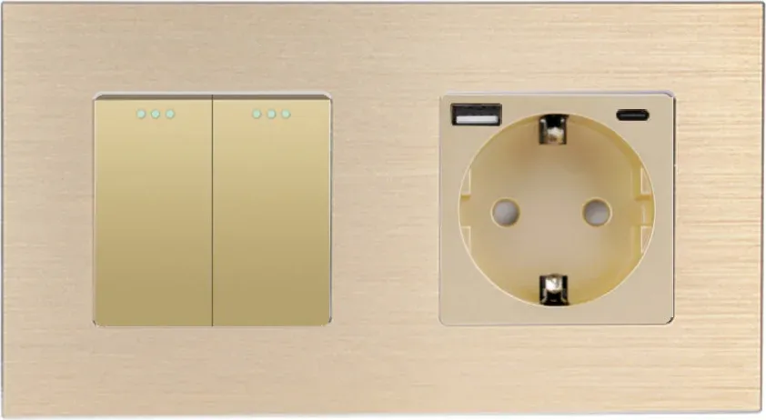 Універсальний подвійний вимикач (звичайний / прохідний) з розеткою USB A+C 20Вт, WALLPAD золото алюміній