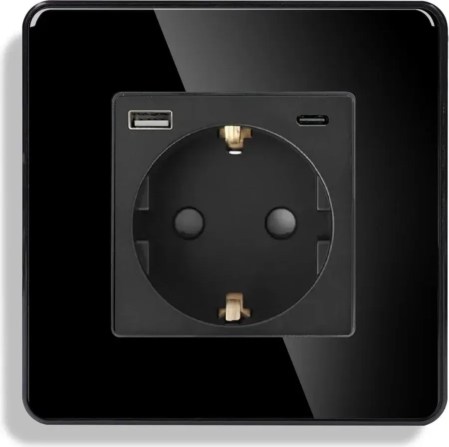 Розетка ELIOS з USB A+C 20Вт для зарядки, із заземленням, чорна скляна рамка, сенсорна настінна 250В 16А