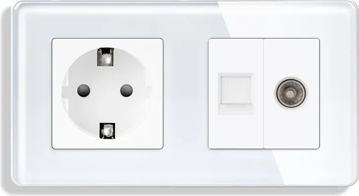 Розетка ELIOS силова + інтернет (RJ-45) + ТВ, біла, настінна дизайнерська, скляна рамка