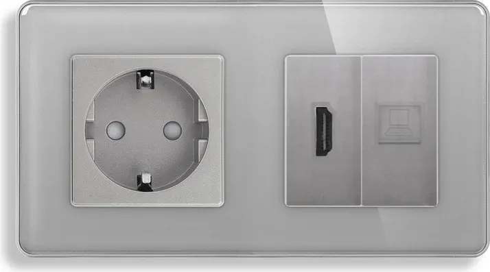 Розетка ELIOS з HDMI і інтернет портом RJ-45, сіра, настінна дизайнерська, скляна рамка