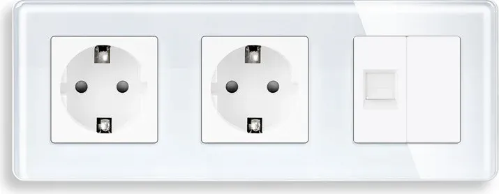 Розетка тримісна ELIOS Силова + Інтернет RJ-45, біла, настінна, скляна рамка