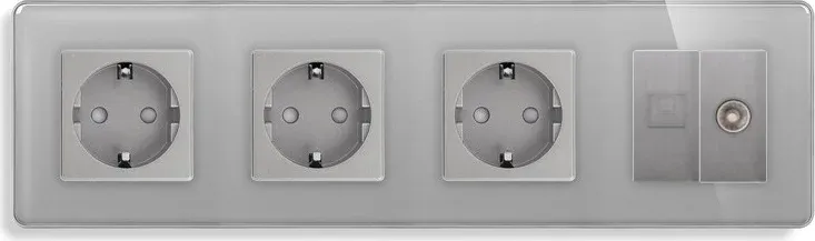 Розетка чотиримісна ELIOS Силова + Інтернет RJ-45 + ТБ, сіра, настінна, скляна рамка