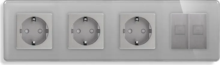 Розетка чотиримісна з двома інтернет портами RJ-45, ELIOS сіра, настінна дизайнерська, скляна рамка