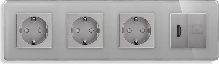 Розетка чотиримісна з HDMI і Інтернет RJ-45, ELIOS сіра, настінна, скляна рамка