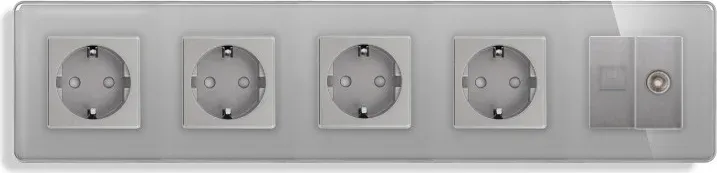 Розетка п’ятимісна ELIOS Силова + Інтернет RJ-45 + ТБ, сіра, настінна, скляна рамка