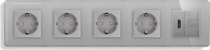 Розетка п’ятимісна з HDMI і Інтернет RJ-45, ELIOS сіра, настінна, скляна рамка
