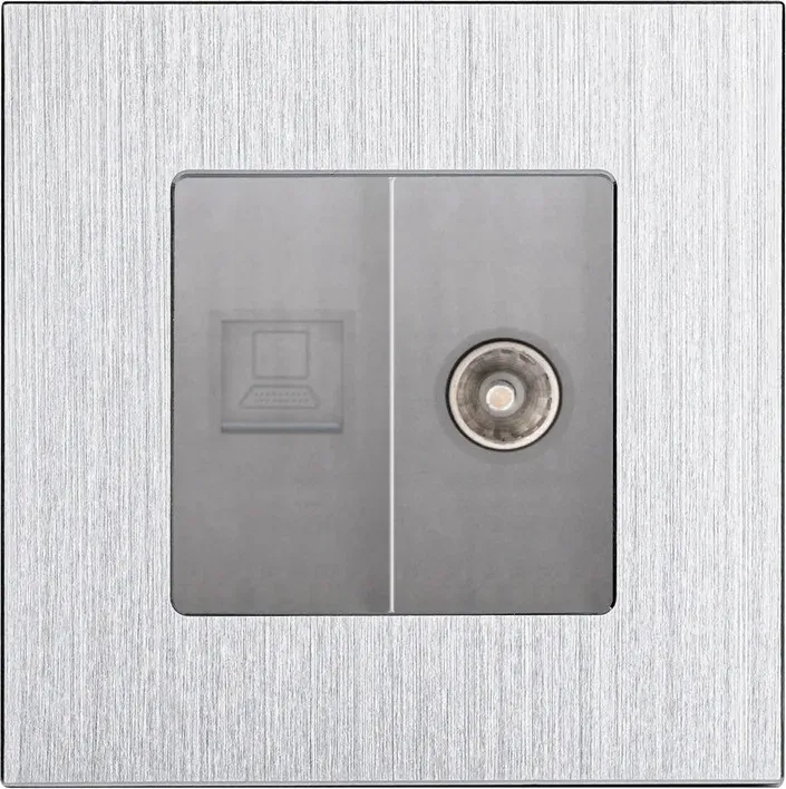 Комп’ютерна розетка RJ-45 + ТВ розетка WALLPAD, алюмінієва рамка, сірий колір, настінна