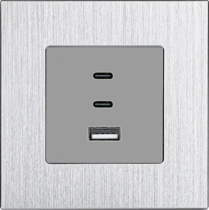 Розетка USB Type-C WALLPAD з 65Вт, сіра, настінна, дизайнерська, алюмінієва рамка
