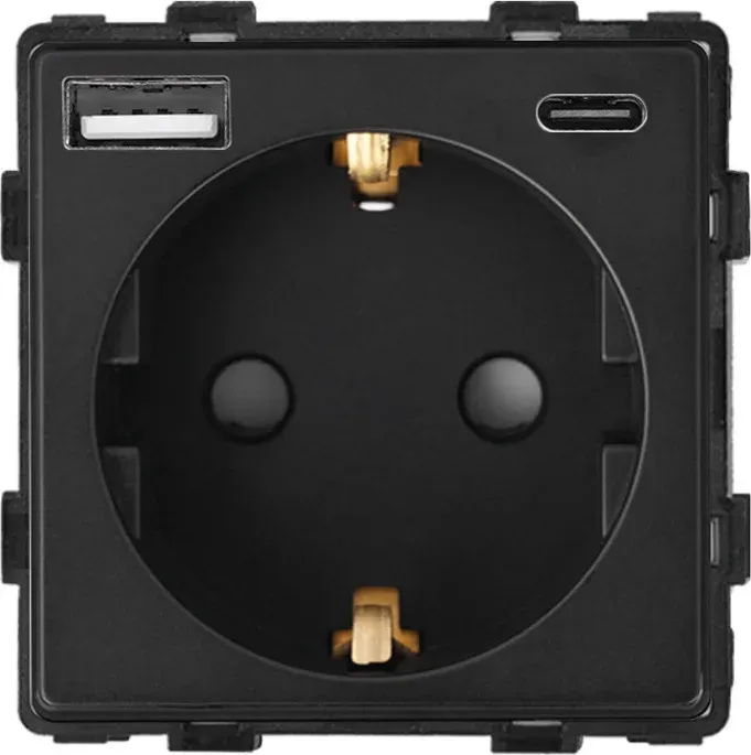 Електрична розетка з USB A+C 20 Вт для зарядки, WALLPAD чорна, з заземленням, 250 В 16 А