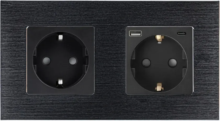 Подвійна розетка WALLPAD з USB A+C 20Вт, із заземленням, шторки, чорна, алюмінієва рамка, 250В, 16А