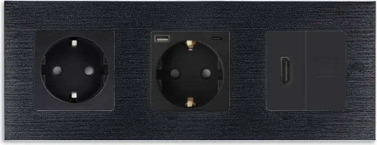 Розетка WALLPAD з USB 20Вт, HDMI і Інтернет RJ-45, із заземленням, шторки, чорна, алюмінієва рамка, 250В 16А
