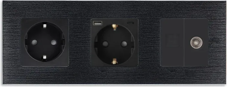 Розетка WALLPAD з USB 20Вт, Інтернет RJ-45 і ТВ виходом, заземлення, шторки, чорна, алюмінієва рамка, 250В 16А