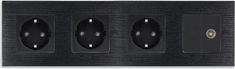 Розетка чотиримісна WALLPAD Силова + Інтернет RJ-45 + ТБ, чорна, настінна, алюмінієва рамка