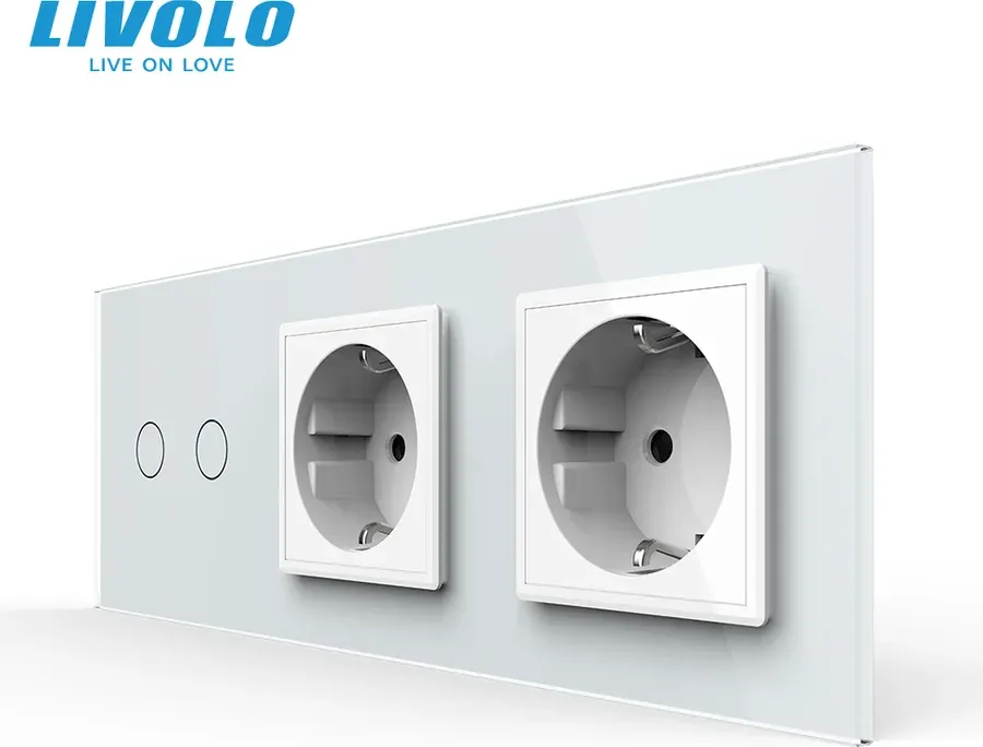 Сенсорний прохідний димер LIVOLO 2 сенсори з 2 розетками, білий, скло, 2A 230V