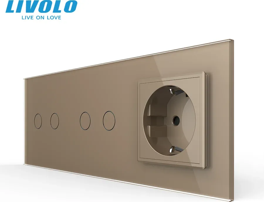 Сенсорний прохідний димер LIVOLO 4 сенсори (2-2) з розеткою, золотий скло, 16A 230V, заземлення