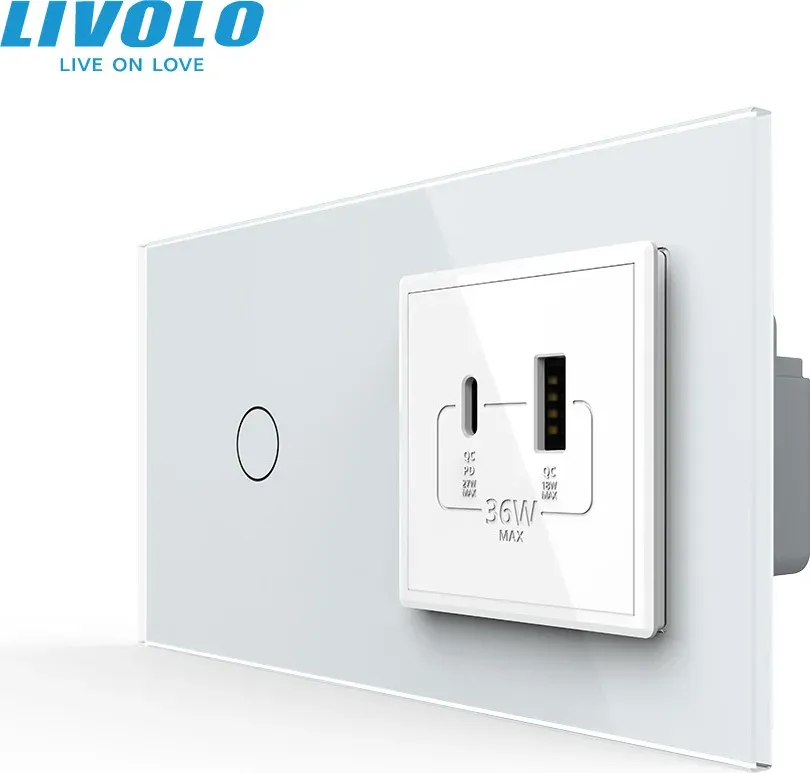 Розумний сенсорний (дотиковий) вимикач LIVOLO з розеткою USB-A + USB-C 36Вт білий скляна рамка