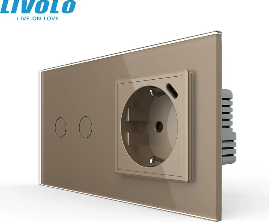 Розумний сенсорний подвійний вимикач LIVOLO з розеткою та USB Type-C 18Вт, золотий, скло, дотиковий,