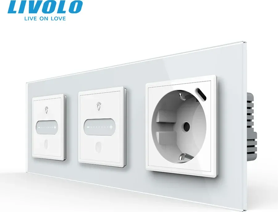 Розумний сенсорний димер LIVOLO 2 сенсори (1-1) з розеткою з USB Type-C 18Вт, білий скло, 16A 230V, заземлення