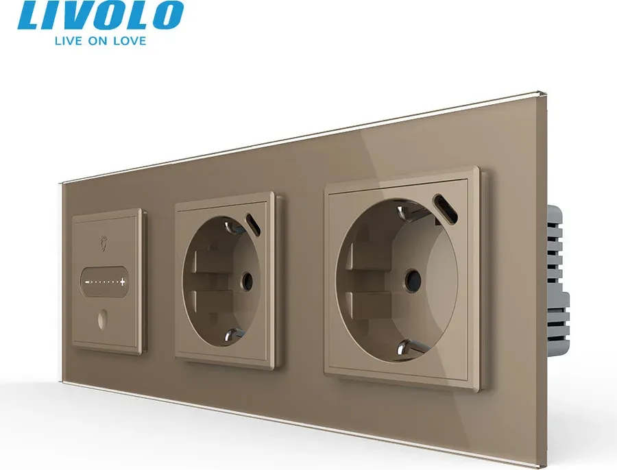 Розумний прохідний сенсорний димер LIVOLO з двома розетками з USB Type-C 18Вт, золотий, скло, заземлення