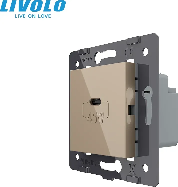 Розетка USB Type-C LIVOLO з Power Delivery 45Вт, золота скляна рамка, настінна, дизайнерська, швидка зарядка