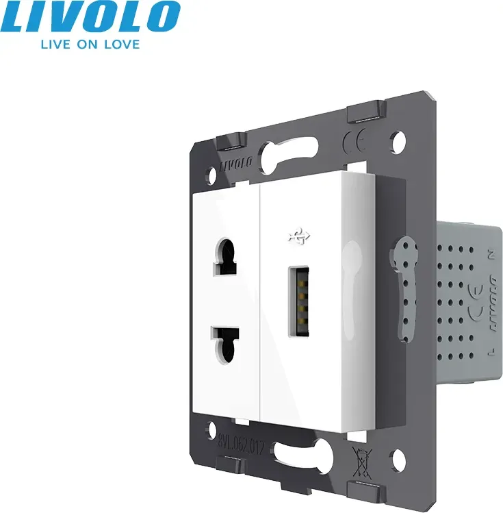 Універсальна розетка з USB 10 Вт LIVOLO, біла скляна рамка, настінна дизайнерська, з заземленням