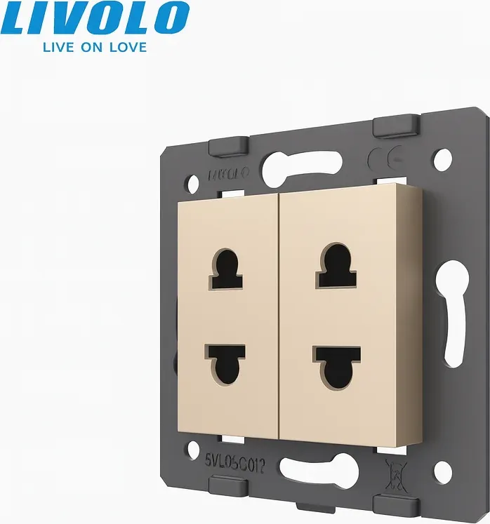 Подвійна універсальна розетка LIVOLO 2 стандарти в 1, золота, настінна дизайнерська, скляна рамка