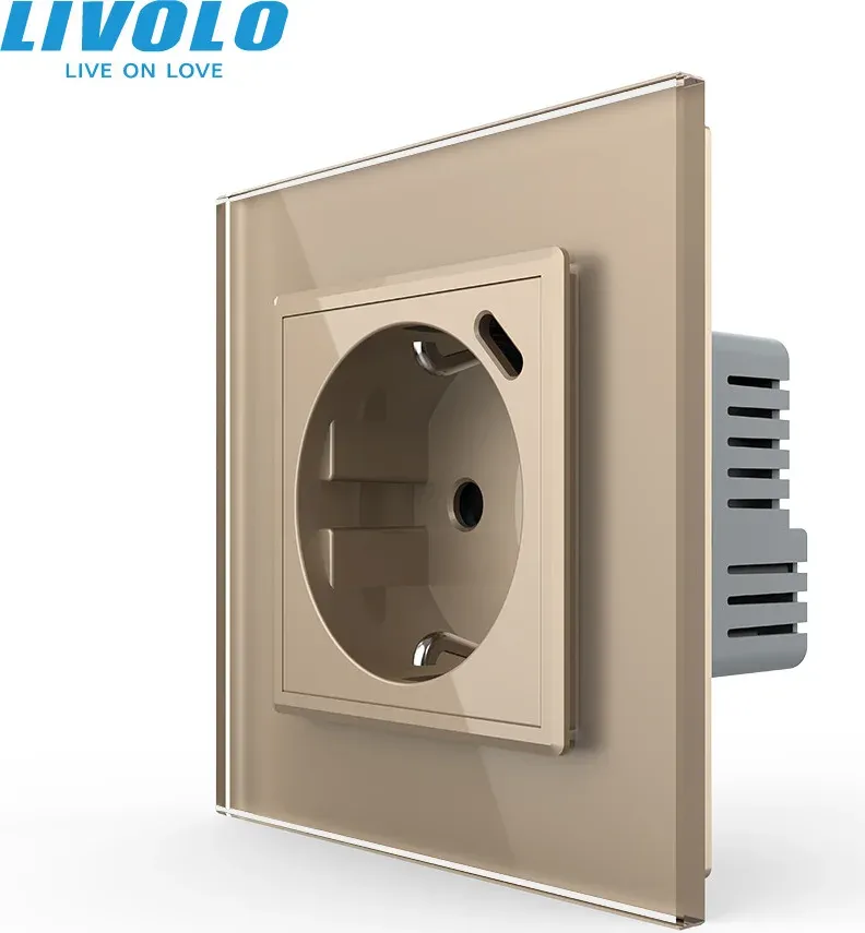 Розетка LIVOLO з USB Type-C 18Вт для зарядки, із заземленням, золота скляна рамка, сенсорна настінна 250В 16А