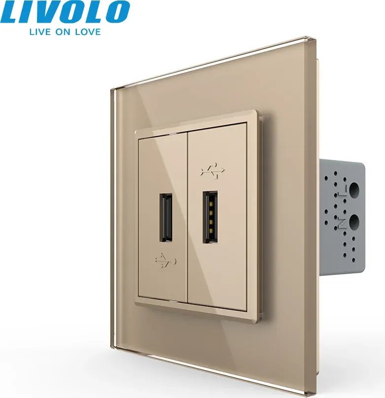 Подвійна розетка USB LIVOLO з блоком живлення, золота, скляна рамка, настінна, для зарядки телефонів