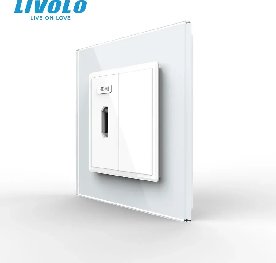 Розетка HDMI LIVOLO, біла, скляна рамка, настінна для телевізора, дизайнерська