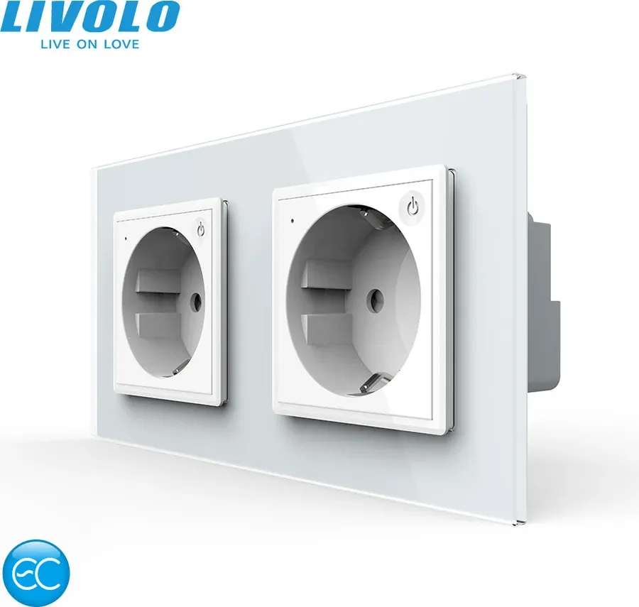 Розумна подвійна електрична розетка LIVOLO, заземлення, біла, настінна дизайнерська, скляна рамка, 250В 16А