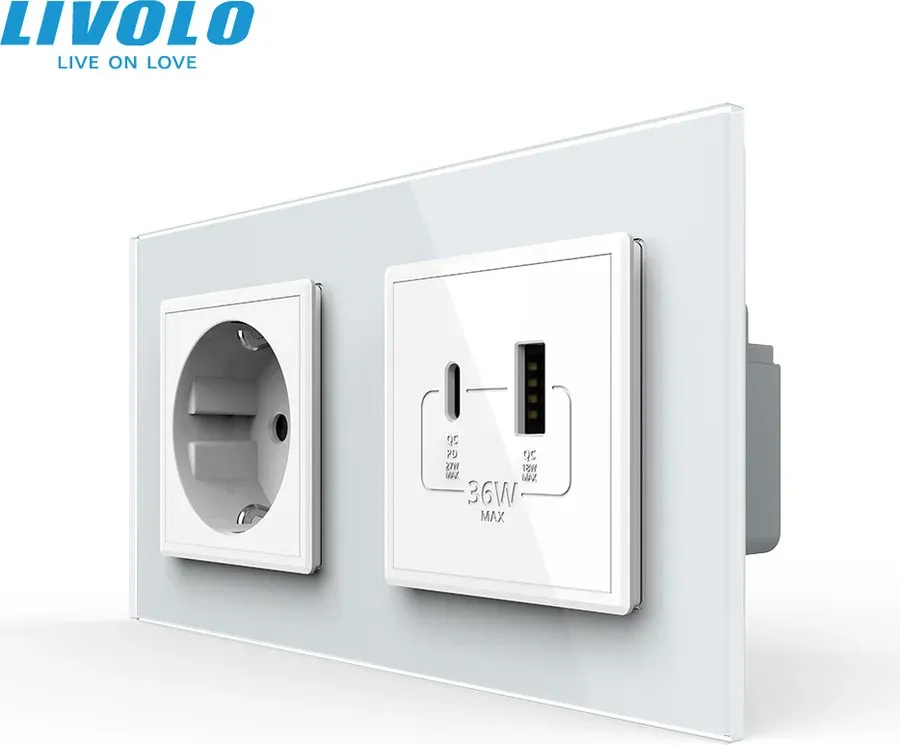 Розетка LIVOLO з USB-A та USB-C, Power Delivery 36W, біла, настінна дизайнерська, скляна рамка