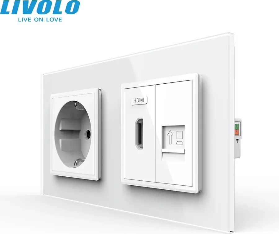 Розетка LIVOLO з HDMI і інтернет портом RJ-45, біла, настінна дизайнерська, скляна рамка