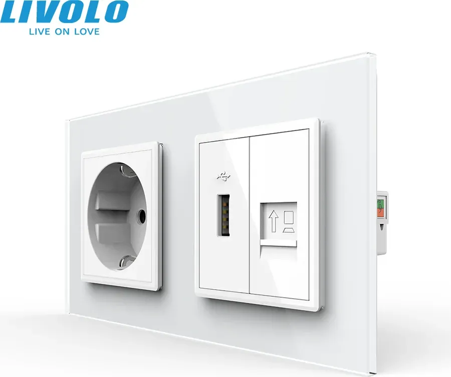 Розетка LIVOLO з USB 10Вт і інтернет портом RJ-45, біла, настінна дизайнерська, скляна рамка