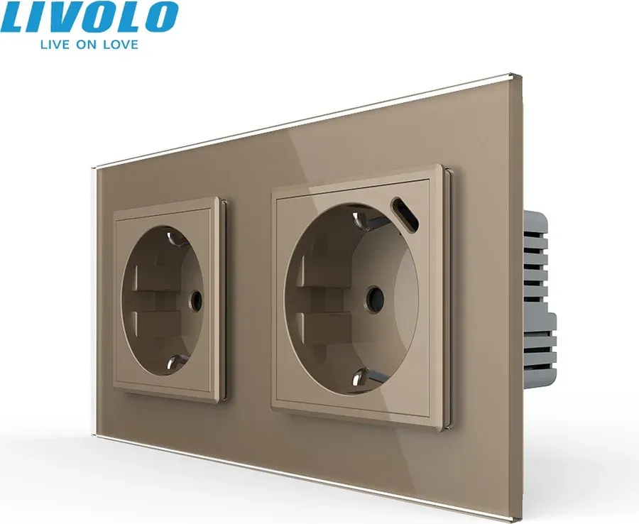 Подвійна розетка LIVOLO з USB Type-C 18Вт, із заземленням, шторки, золота, скляна рамка, 250В, 16А
