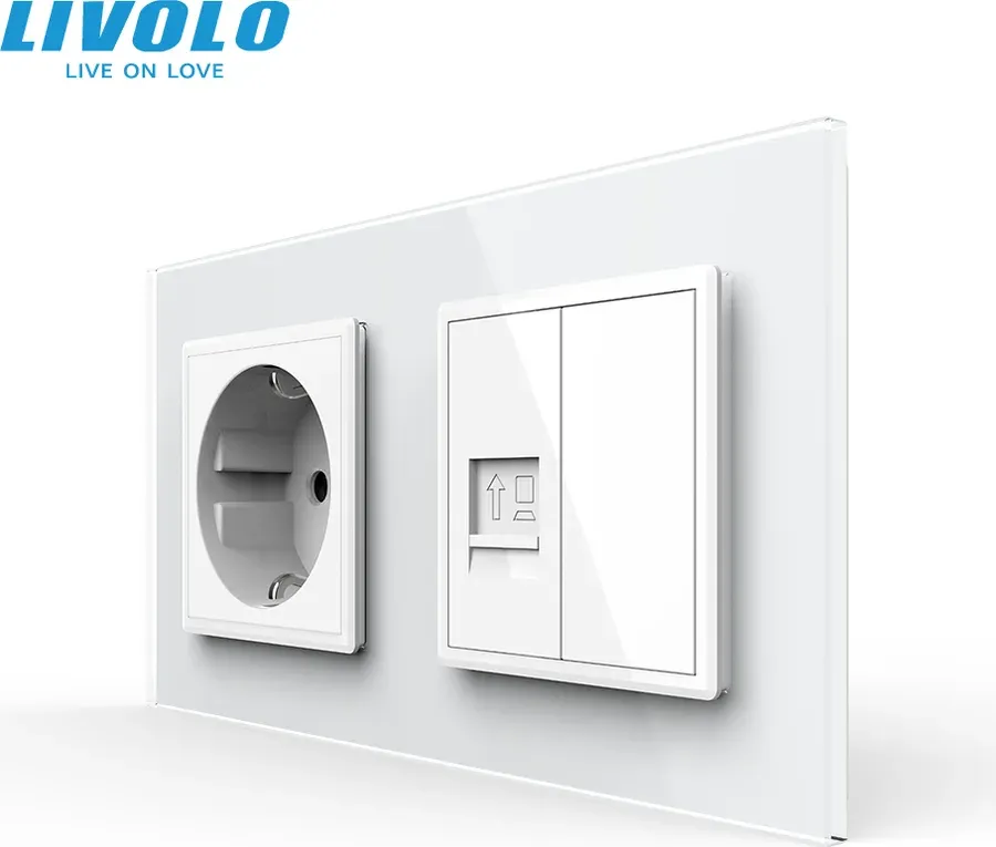 Розетка LIVOLO силова + інтернет (RJ-45), біла, настінна дизайнерська, скляна рамка