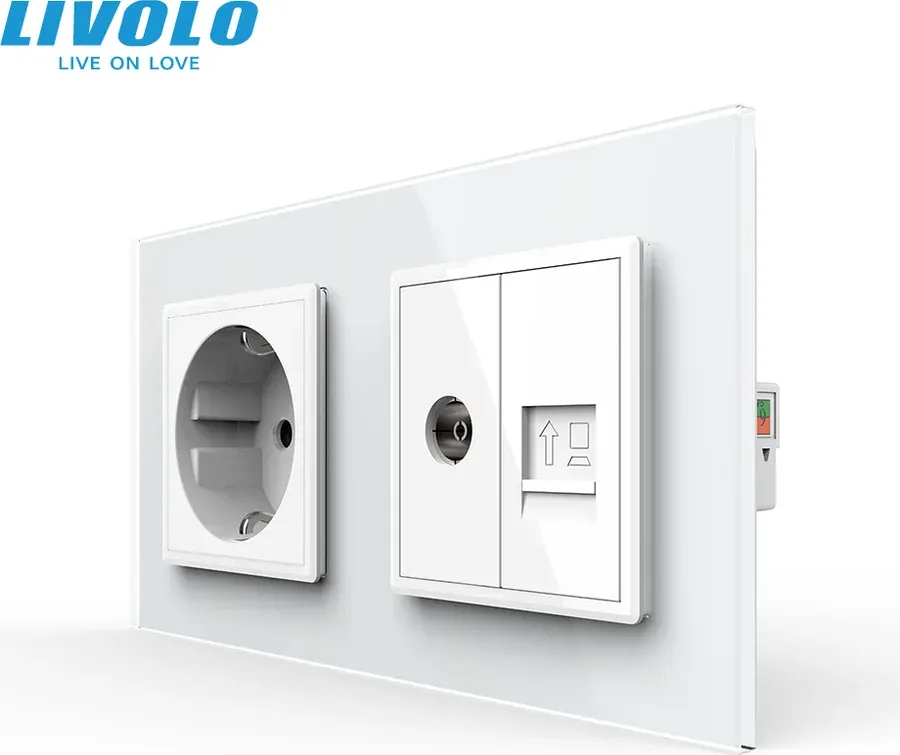 Розетка LIVOLO силова + інтернет (RJ-45) + ТВ, біла, настінна дизайнерська, скляна рамка